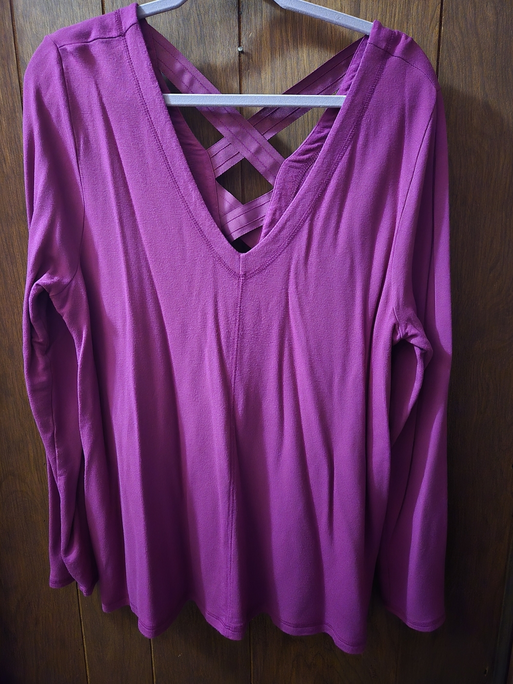 Women’s Long-Sleeve V-Neck Top with Crisscross Back - Magenta